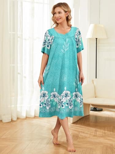 udforsk Muumuu Dresses for Women Moo moo Nightgowns with Pockets House Dresses for Elderly Soft Hawaiian Muumuu Women Lounge Dresses Mumu Momo Dress for Womens Green Flower L - Thumbnail 2