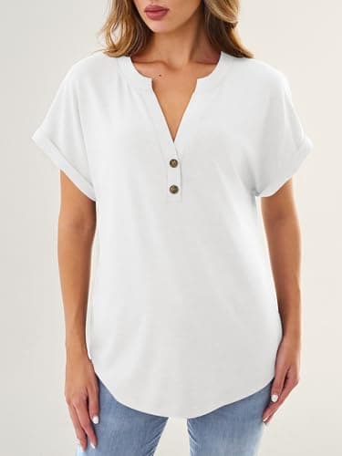 GKBK Womens Short Sleeve Henley Tops V Neck Business Dressy Casual Blouses Summer Loose Fit Trendy Tee Shirts 2026 Vacation Fashion Clothes White L - Thumbnail 2