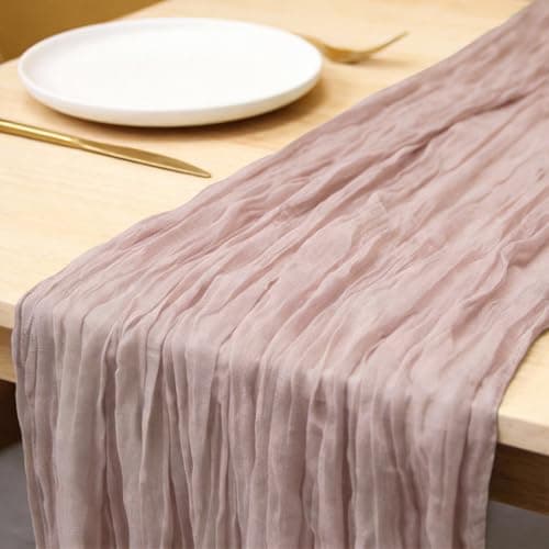 QPOR Pink Table Runner Cheesecloth Boho Rustic Gauze 120 inch 10FT Cheese Cloth Runner for Wedding Baby Shower Bridal Shower Garden Party Sheer Birthday Home Decor Holiday Decorations - Thumbnail 2