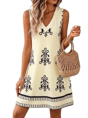 Wenrine Womens Sleeveless Mini Dress Casual Floral V Neck Summer Loose Boho Beach A Line Tank Dresses with Pockets - Image 1