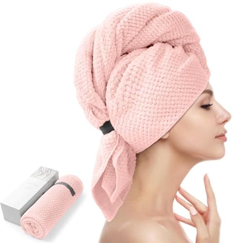 YFONG Large Hair Towel Wrap for Women, Super Absorbent Microfiber Hair Towel for Curly Hair, Fast Drying Hair Turbans with Elastic,Hair Drying Towel Wrap for Hair Care 26.3" X 40" (Pink)