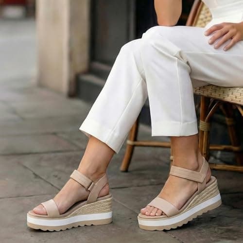 Athlefit Espadrille Wedge Sandals for Women, Open Toe Ankle Strap Low Wedge Heel Platform Sandals for Summer, Nude Size 7.5, SAPS2617W - Thumbnail 3