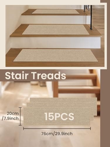 Stair Treads for Wooden Steps Indoor, Peel and Stick Stair Tread,Stair Runners, Non-Slip Carpet Stair-Treads for Kids, Elders & Pets, Machine Washable, Reusable(15PCS,30"x8",Beige) - Thumbnail 2