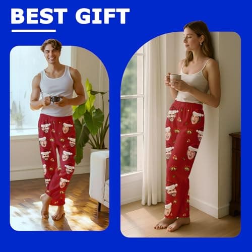 giftoria Custom Pajama Pants Men Women Personalized Couples Pajamas, Funny PJ Pant Design with Face, Personalized Gifts for Family Christmas Pajamas Matching Bottoms Sleepwear Red - Thumbnail 2