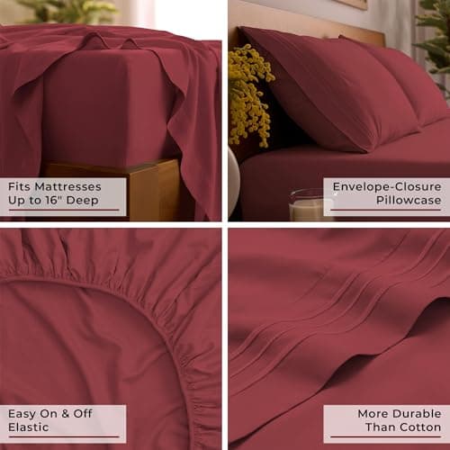 Mellanni Split King Sheet Set - 7-Piece Iconic Collection Bedding, (Including 4 Pillowcases), 16-Inch Deep Pocket, Easy Care, Extra Soft, Cooling Sheets, Brushed Microfiber - Brick Red - Thumbnail 5
