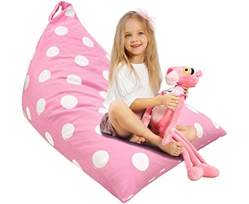Aubliss Stuffed Animal Storage Bean Bag Chairs Cover, 50"x 35" Extra Large Bean Bags Chair for Kids & Adults, Beanbag Toy Storage for Boys Girls - Premium Cotton Canvas Pink Dot