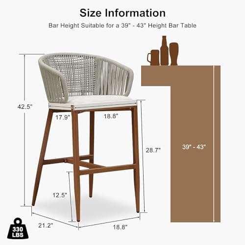 PURPLE LEAF Outdoor Rattan Bar Height Stools Set of 2 Modern Patio Metal Wicker Barstools Boho Aluminum Woven Bar Chairs with Wraparound Arm Backrest for Kitchen Island Garden Indoor Teak - Thumbnail 2