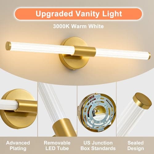 LED Bathroom Light Fixtures, Gold Vanity Lights for Bathroom, 360° Full Lighting Dimmable LED 23 inch Vanity Light Bar Over Mirror, Hardwired Modern Wall Sconce Warm White for Bedroom Living Room - Thumbnail 6
