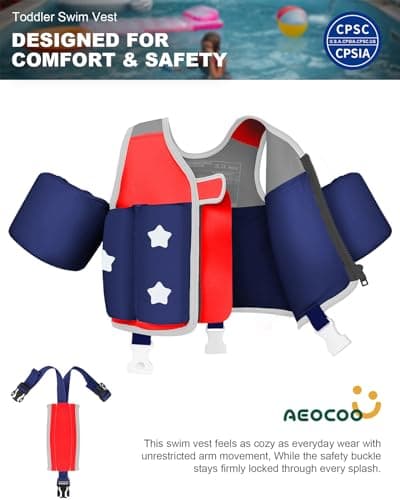 AEOCOO Kids Pool Floaties 1-2-3-5-7-9 Years Old, Toddler Swim Vest 20-30-50-70 Pounds, Comfortable Extended Wear Kids Float Jacket with Crotch Strap, Bright Design and Unpadded Sides, Red - Thumbnail 2