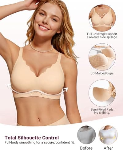 As Fairy Wireless Bras for Women No Underwire Full Coverage Jelly Lift Strong Support Push Up Scalloped Everyday Tshirt Bra Seamless Soft Daily Wear Breathable Air Hole Design(Nude 38DDD) - Thumbnail 3