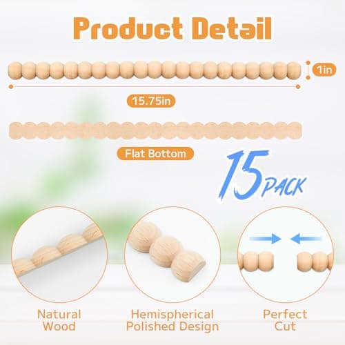 COMTAR Half Bead Wood Decorative Trim Molding 15pcs- 17 Inch Unfinished 3D Decorative DIY Drawer Front Cabinet Trim for Home, Wall, Shelf, Window, Door Decor (24mm) - Thumbnail 2