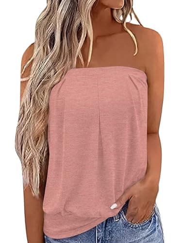 JINKESI Women's Tube Tops Pleated Casual Summer Strapless Top Sleeveless Bandeau Tanks Shirt Pink,2X-Large - Image 1