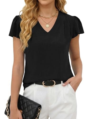 Gleeneat Womens Black Business Casual Work Blouses Summer Dressy Casual Dress Ruffle Short Sleeve Shirts Flowy V Neck Cute Office Tops 2026 Trendy Outfits Blusas Casuales de Mujer Bonitas - Image 1