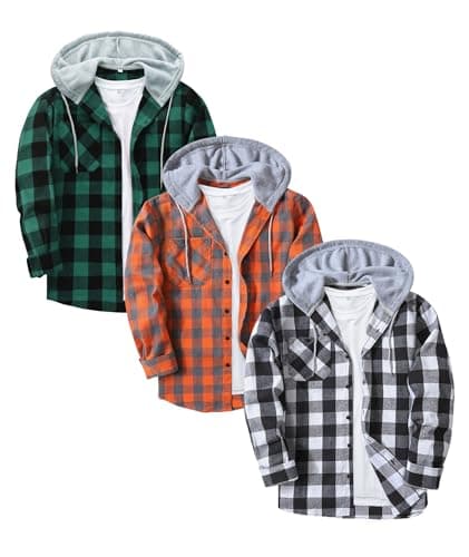 3-Pack Men's Plaid Hooded Button-Up Shirts Long Sleeve Cotton Hoodies Loose Fit Casual Tops Flannel Shirt - Image 1