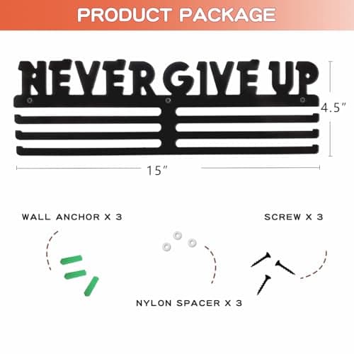 Bliocefo Medals Hanger Holder Display Steel Rack Hooks Wall Mount Frame Over 60 Medals-Sports Medal Hook Storage Organizer Never Give Up Ribbon with Easy Hanging Bars Black (NEVER GIVE UP.) - Thumbnail 6