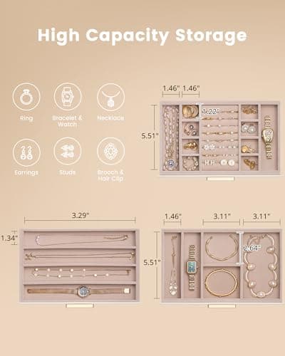 Lolalet Jewelry Box Organizer, 3-Layer Jewelry Organizers and Storage Case with Glass Lid, Ring Earring Bracelet Necklace Holder Organizer, Mothers Day Gifts for Mom, Women Girls -3Layer, Beige - Thumbnail 6