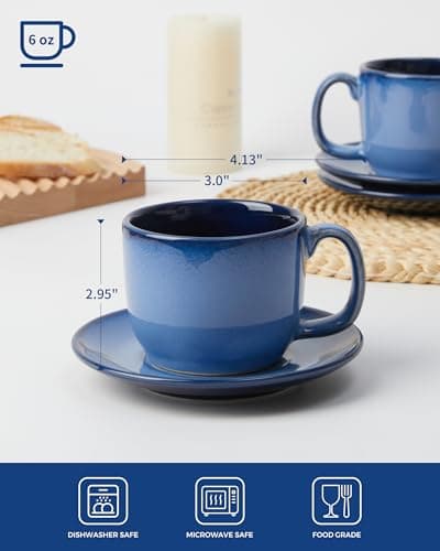 Pokini Stoneware Coffee Cups with Saucers, 6 Oz Cappuccino Cups Set of 4, Microwave & Dishwasher Safe, Perfect For Tea, Espresso, Latte, Ceramic Mugs for Kitchen or Cafe, Light Blue - Thumbnail 2