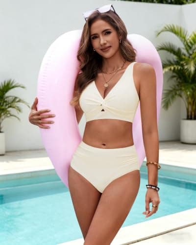 HORISUN Women's High Waisted Bikini Set Twist Front Two Piece Swimsuit with Adjustable Straps & Tummy Control Bathing Suit Beige XL - Thumbnail 4