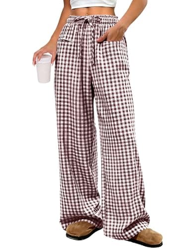 ANRABESS Womens Striped Gingham Pants 2026 Pajama Drawstring Wide Leg Lounge Plaid Pants Cute Casual Trousers with Pockets Brown White Plaid Medium - Image 1