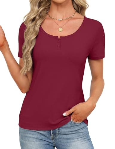 Womens Short Sleeve Tops Stretchy Henley Scoop Neck Fitted Casual Basic Top T-Shirts Ribbed Button Blouses 2026 Summer Trendy Red S - Thumbnail 4