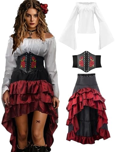 Verceco Pirate Costume Women with Renaissance Pirate Shirt Skirt Corset Waist Belt (White+Red, XL) - Image 1