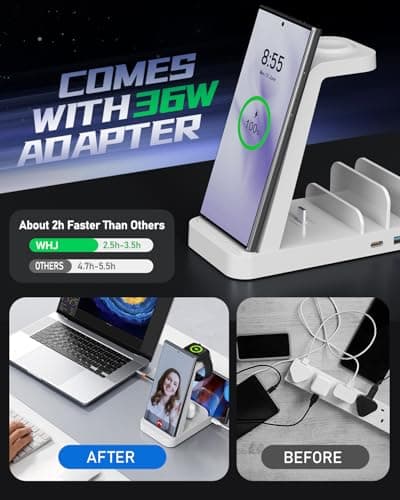 5 in 1 Wireless Charger for Samsung, Wireless Charging Station for Multiple Devices, Fast Charger Stand for Samsung Galaxy S25 Ultra S24 S23 S22 S20 Note 20 10 Z Fold 7 6 Galaxy Watch 7 6 5 Buds,White - Thumbnail 3