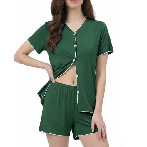 Luwnlorder Womens Pajama Sets Shorts Sleeve Button Down Collarless Lightweight Pjs Lounge Set, Green, Small - Image 1