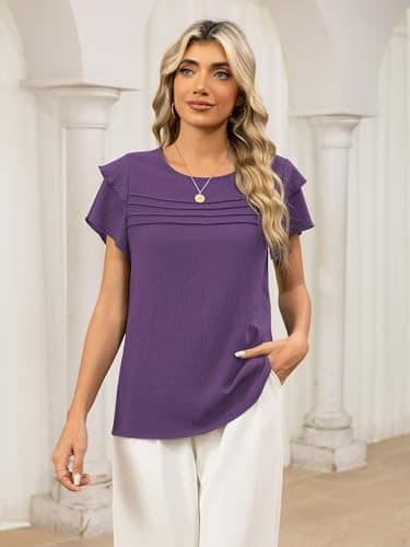 Funlingo Blouses for Women Dressy Casual Short Ruffle Sleeve Crew Neck Tops Summer Flowy Pleated Shirts Business Office Work Clothes Purple XL - Thumbnail 2
