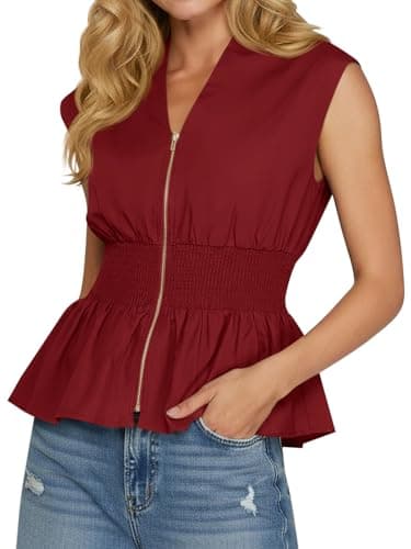 Cicy Bell Womens Summer V Neck Tank Tops Smocked Zipper Sleeveless Vest Pleated Peplum Shirts Red - Image 1