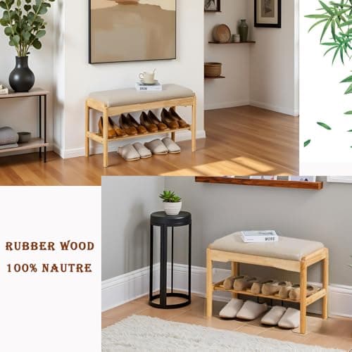 latifolia Small Shoe Bench, Solid Wood Bench with Cushion, 2 Tier Shoe Storage Organizer for Entryway(Nature,31.50''L) - Thumbnail 5