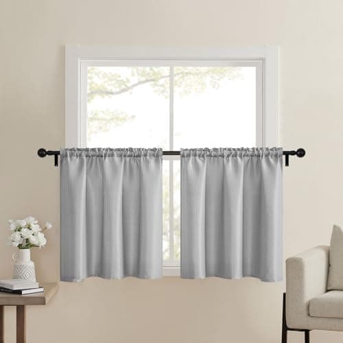 Home Queen Grey Waffle Bathroom Window Curtains, Short Water Repellent Rod Pocket for Small Kitchen Window, 36 W X 24 L Inch Each - Image 1