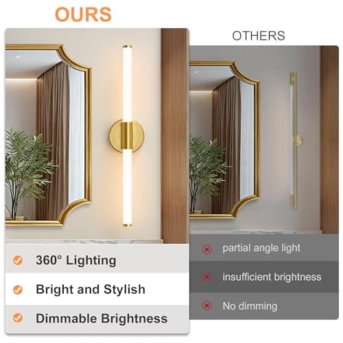 LED Bathroom Light Fixtures, Gold Vanity Lights for Bathroom, 360° Full Lighting Dimmable LED 23 inch Vanity Light Bar Over Mirror, Hardwired Modern Wall Sconce Warm White for Bedroom Living Room - Thumbnail 3