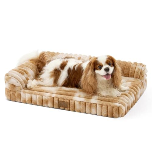 COZY KISS Faux Rabbit Fur Small Dog Bed – 30"x20" Orthopedic Foam Couch with Sides, Removable Washable Cover & Waterproof Lining, Tie-Dye Brown