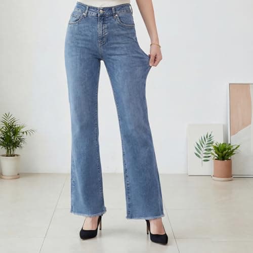 WAISUNZLM Women's High Waisted Bootcut Jeans Wide Leg Stretchy Denim Pants with Raw Hem Blue - Thumbnail 4