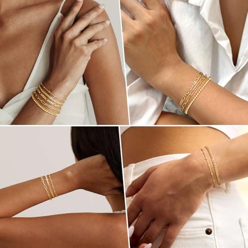 adoyi Gold Bracelets for Women, 14K Gold Plated Stackable Bracelet Stack Set Adjustable Charm Paperclip Chain Cuban Link Layered Waterproof Jewelry Sets Gifts for Womens 6.8 Inch - Thumbnail 3
