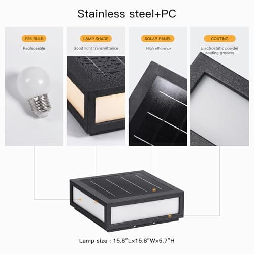 MVBT Large Solar Post Lights Outdoor, 15.8" Square Solar Pillar Lights, Exterior Column Light Waterproof, Solar Power Post Lantern, Modern Column Lighting Lamp Dusk to Dawn for Patio Gate Stone Posts - Thumbnail 3