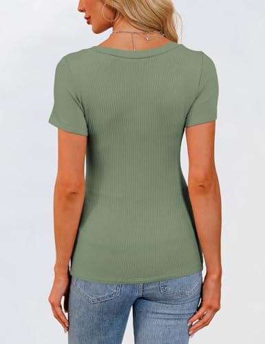 GKBK Womens Short Sleeve Tops Scoop Neck Ribbed Slim Fitted Tight Layering Top Basic Tee Shirts Cute Summer Tops Casual Spring Outfits 2026 Trendy Light Green - Thumbnail 3