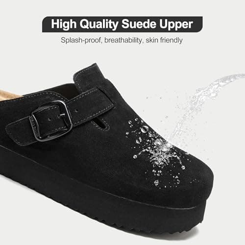 Brelzo Calvior Platform Clogs for Women Arch Support Suede Clogs Soft Mules Potato Shoes Casual Slipper Sandals with Adjustable Buckle, Non-Slip Black - Thumbnail 4