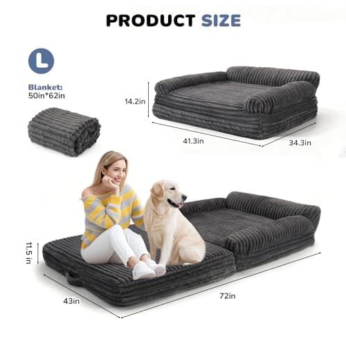 OtterOasis Foldable Human Dog Bed 72"x43"x11.5", Fluffy Faux Fur Human Sized Pet Bed with Blanket, Orthopedic Dog Bed with Egg Foam and Water Repellent Liner (Dark Grey (Foldable), 72" Length) - Thumbnail 2