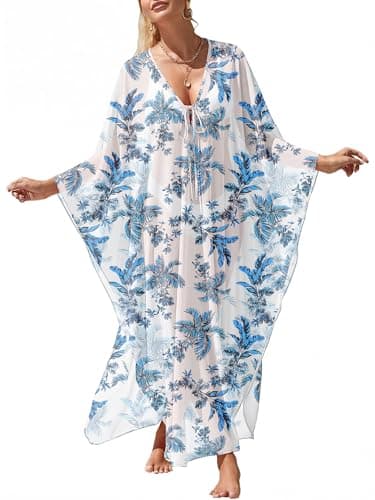 ANRABESS Women Kaftan Moo Moos Dresses Floral Batwing Sleeve V Neck Beach Swimsuit Cover Up Caftan Maxi Dress Blue Leaves XX-Large - Image 1