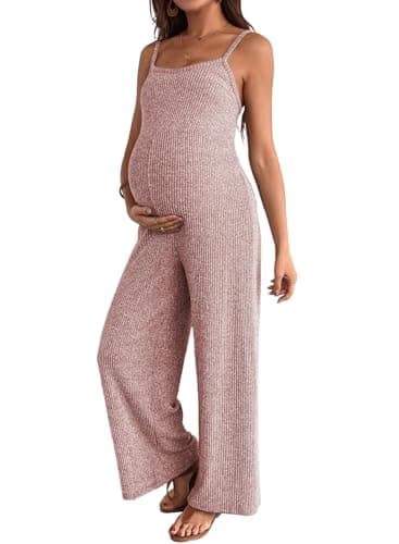 BLENCOT Jumpsuits for Women Dressy Casual Loose Ribbed Adjustable Strap Sleeveless Maternity Jumpsuit Rompers Pink Large - Image 1