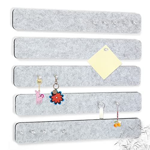 5 Pack Felt Pin Board Bar Strips Bulletin Board for Bedrooms Offices Home Wall Decoration, Notice Board Self Adhesive Cork Board with 35 Push Pins for Paste Notes, Photos, Schedules (Grey)