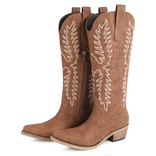 FancyQueen Cowgirl Boots for Women Western Chunky Heel Knee High Pointed Toe Cowboy Boots Vintage Embroidered Comfortable Boots for Ladies - Image 1