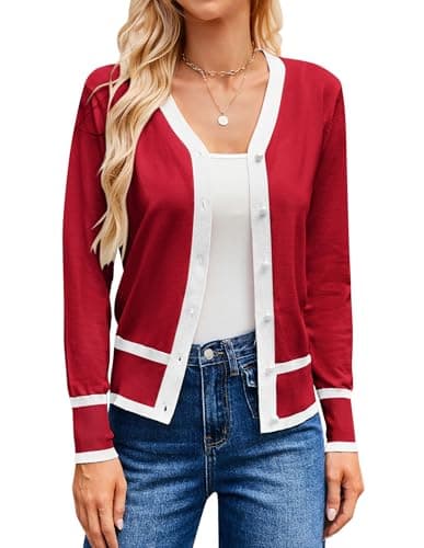 GRACE KARIN Red Cardigan Women Lightweight V Neck Button Up Sweaters Y2k Color Block Sweater for Women Christmas Cardigan (Red White,M) - Image 1