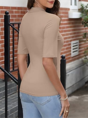 ANRABESS Women Tops Mock Neck 1/2 Short Sleeve Slim Fit Basic Tee Shirts Dressy Work Business 2026 Summer Fall Casual Outfits Light Khaki XX-Large - Thumbnail 5