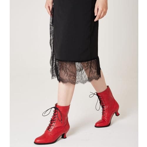 Yremael Women's Victorian Ankle Boots - Mid Calf, Round Toe, Chunky Heel, Lace Up Witch & Knight Boots in Red - Thumbnail 2