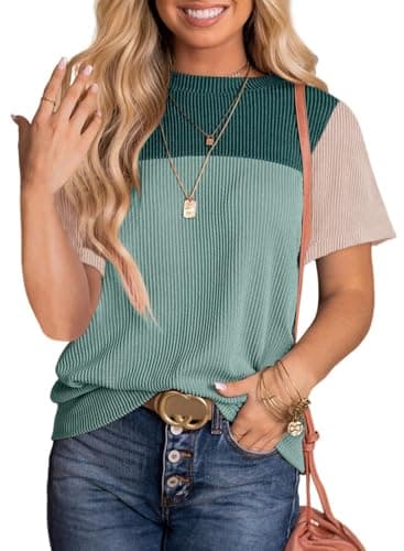 BLENCOT Women Tops Color Block Short Sleeve Summer Blouse Knit Crewneck Loose Business Summer 2025 Fashion Spring T Shirts Blue Small - Image 1