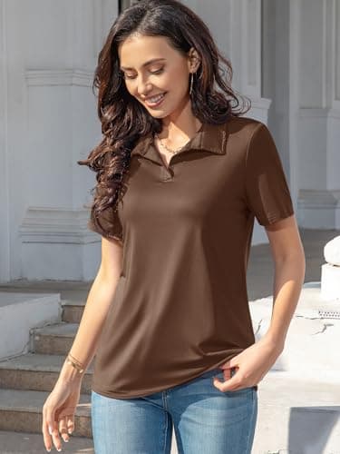 MK Shop Limited Polo Shirts for Women Business Casual Work Lapel Collared Tops V Neck Short Sleeve Summer Quick Dry Golf Polos Tunic Blouse Dark Brown S - Thumbnail 3