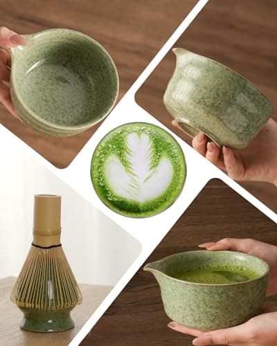 Matcha Whisk Set Ceramic Matcha Kit Set Includes Matcha Bowl, Matcha Whisk and Holder, Bamboo Scoop, Scoop Rest, Sifter and Tea Towel - 7 Pcs Matcha Kit for Matcha Lovers (Matcha Green) - Thumbnail 4