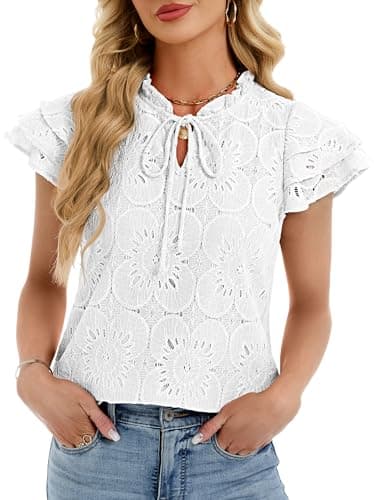 Funlingo Womens Eyelet Tops Summer Ruffle Cap Sleeve Blouses Dressy Casual Hollow Out Crochet Lace Embroidered Shirts 2026 Trendy Fashion White 3XL - Image 1